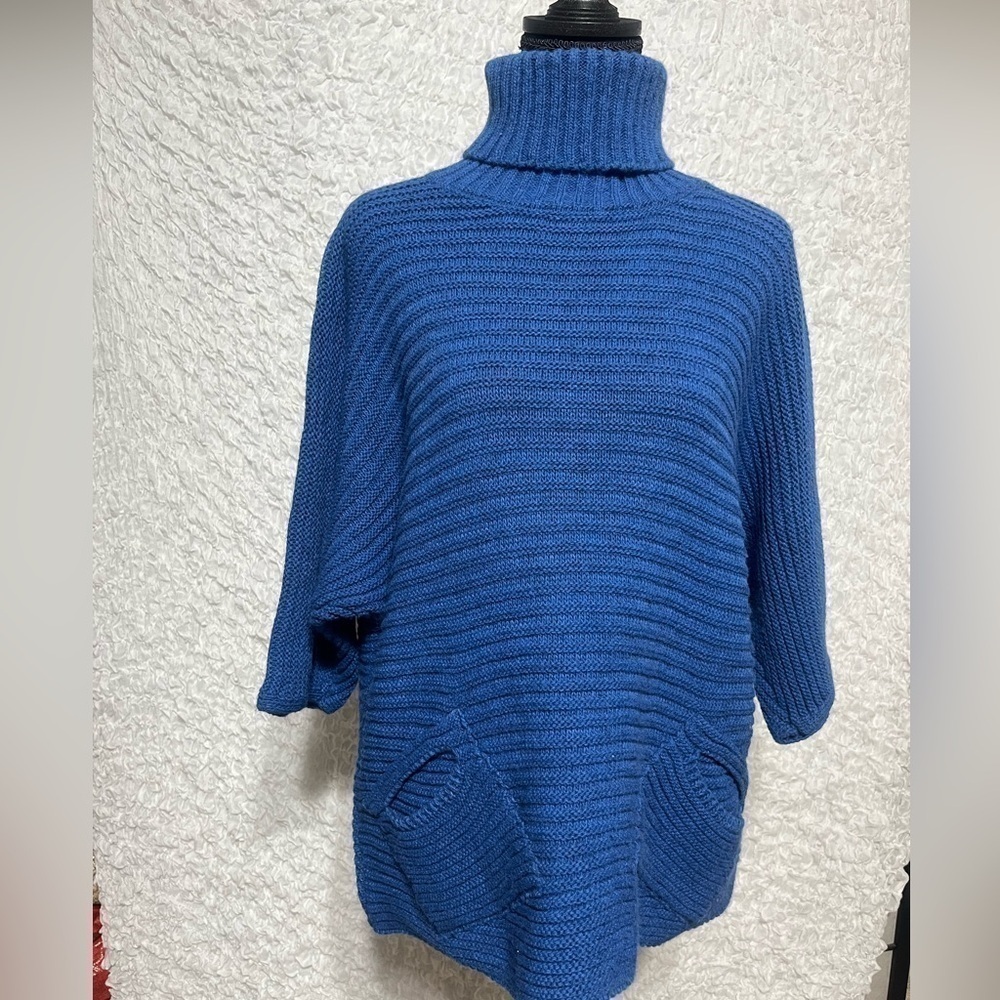 Brand Bazar Blue Turtle Neck Sweater Wool Alpaca Blend 3/4 Sleeve Size ONE SIZE